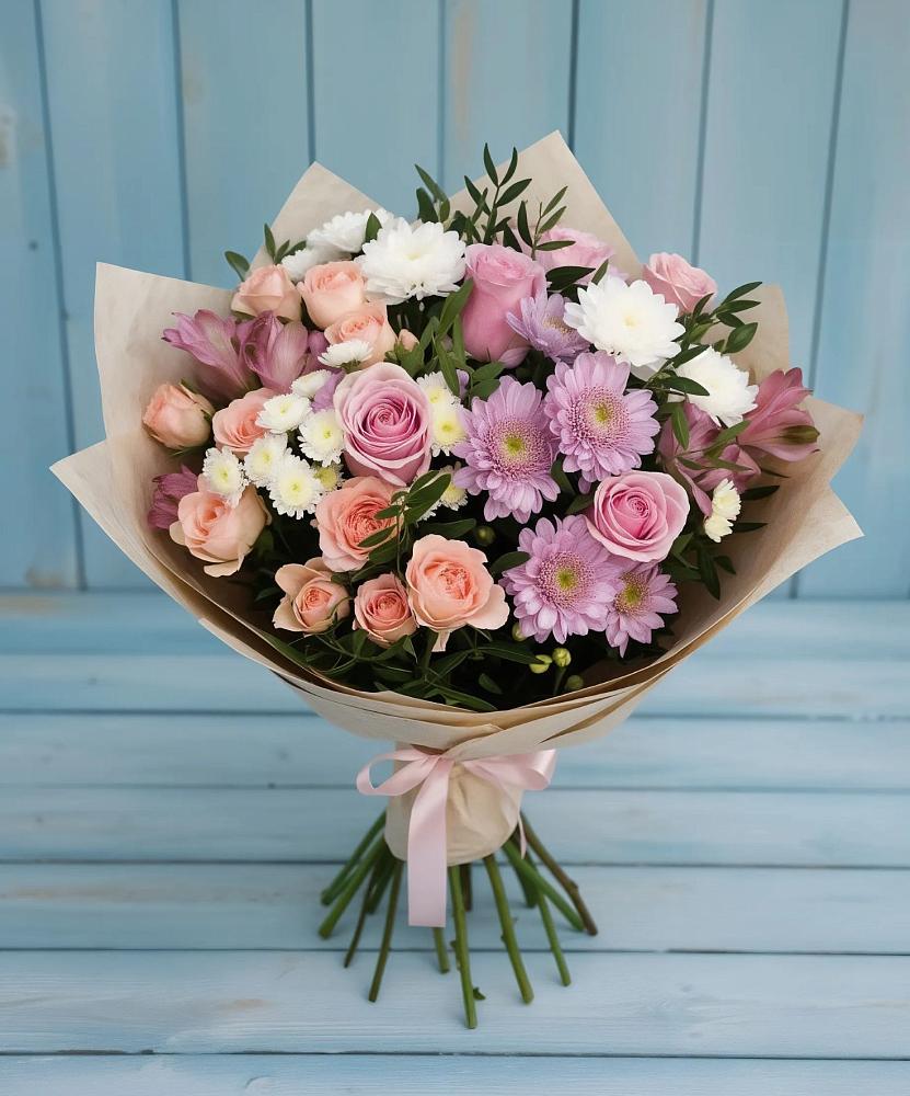 Букет цветов из: Хризантемы, Розы и Альстромерии в Каргаске