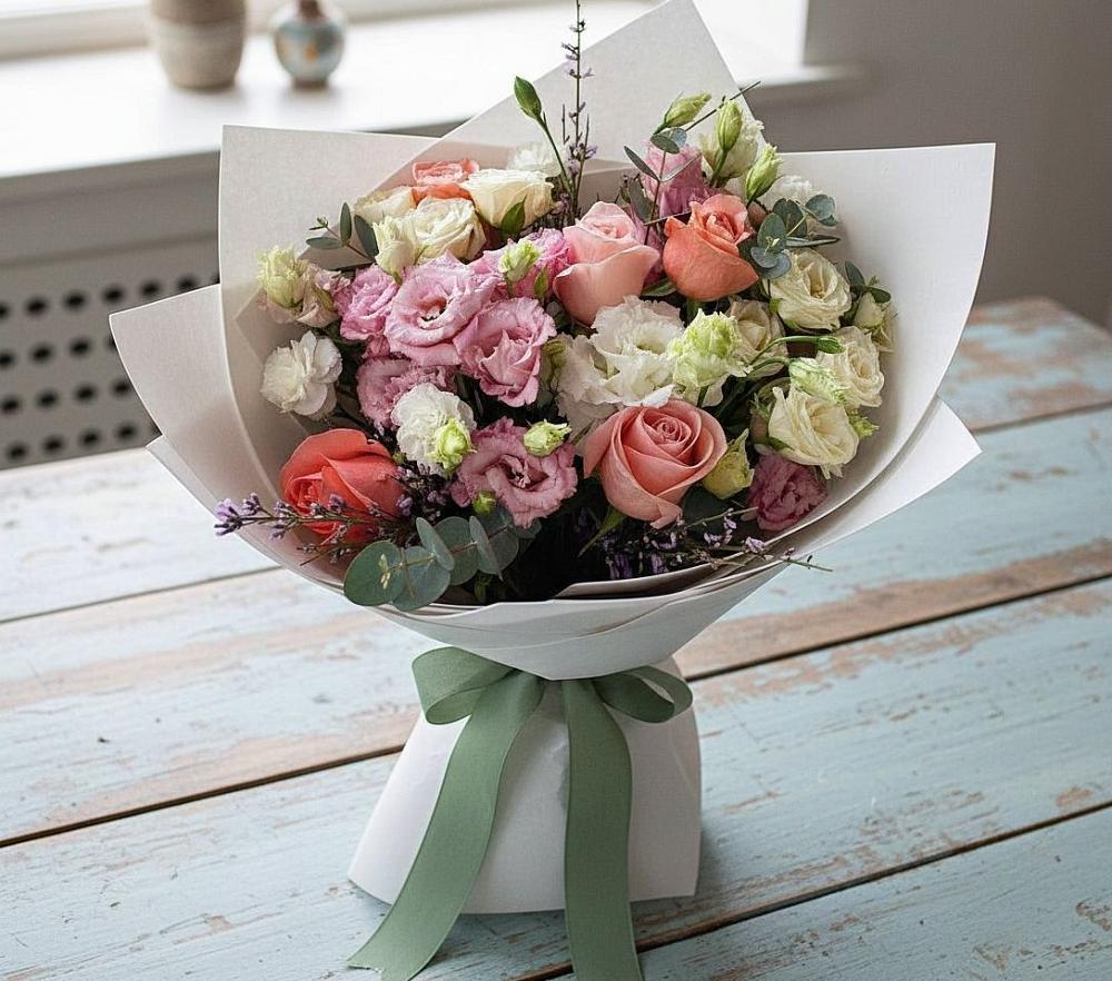 Букет цветов из: Розы, Лизиантусы и Гвоздики в Каргаске