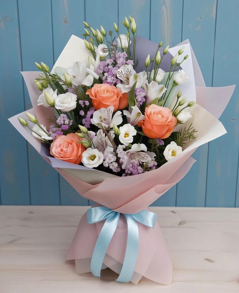 Букет цветов из: Лизиантусы, Розы, Альстромерии и Гипсофила в Каргаске