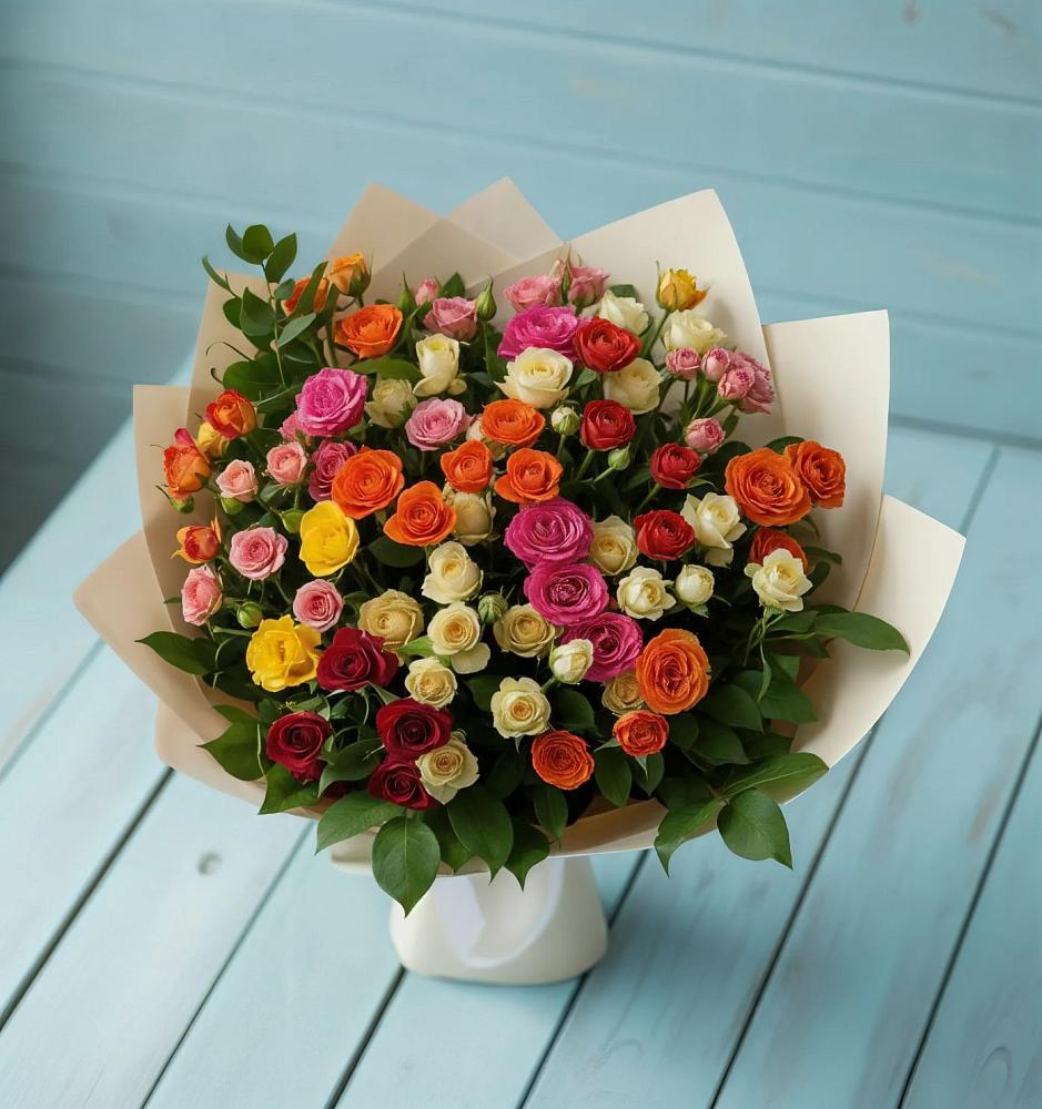 Букет Микс из разноцветных кустовых роз в Каргаске