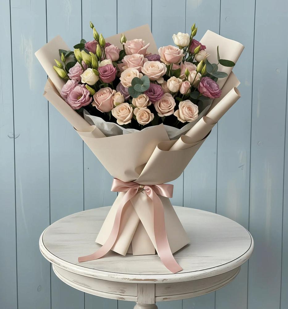 Букет цветов из: Розы и Лизиантусы в Каргаске