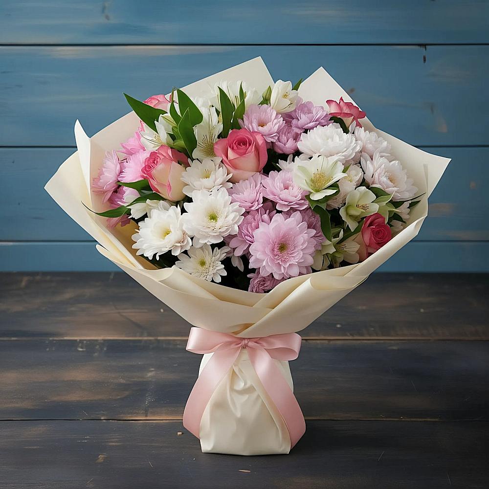 Букет цветов из: Хризантемы, Альстромерии и Розы в Каргаске